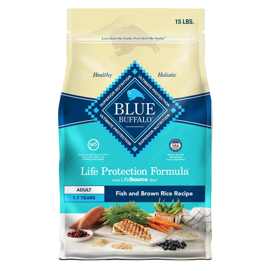 Blue Buffalo Life Protection Formula Adult Dry Dog Food, Helps Build and Maintain Strong Muscles, Made with Natural Ingredients, Fish & Brown Rice Recipe, 15-lb. Bag