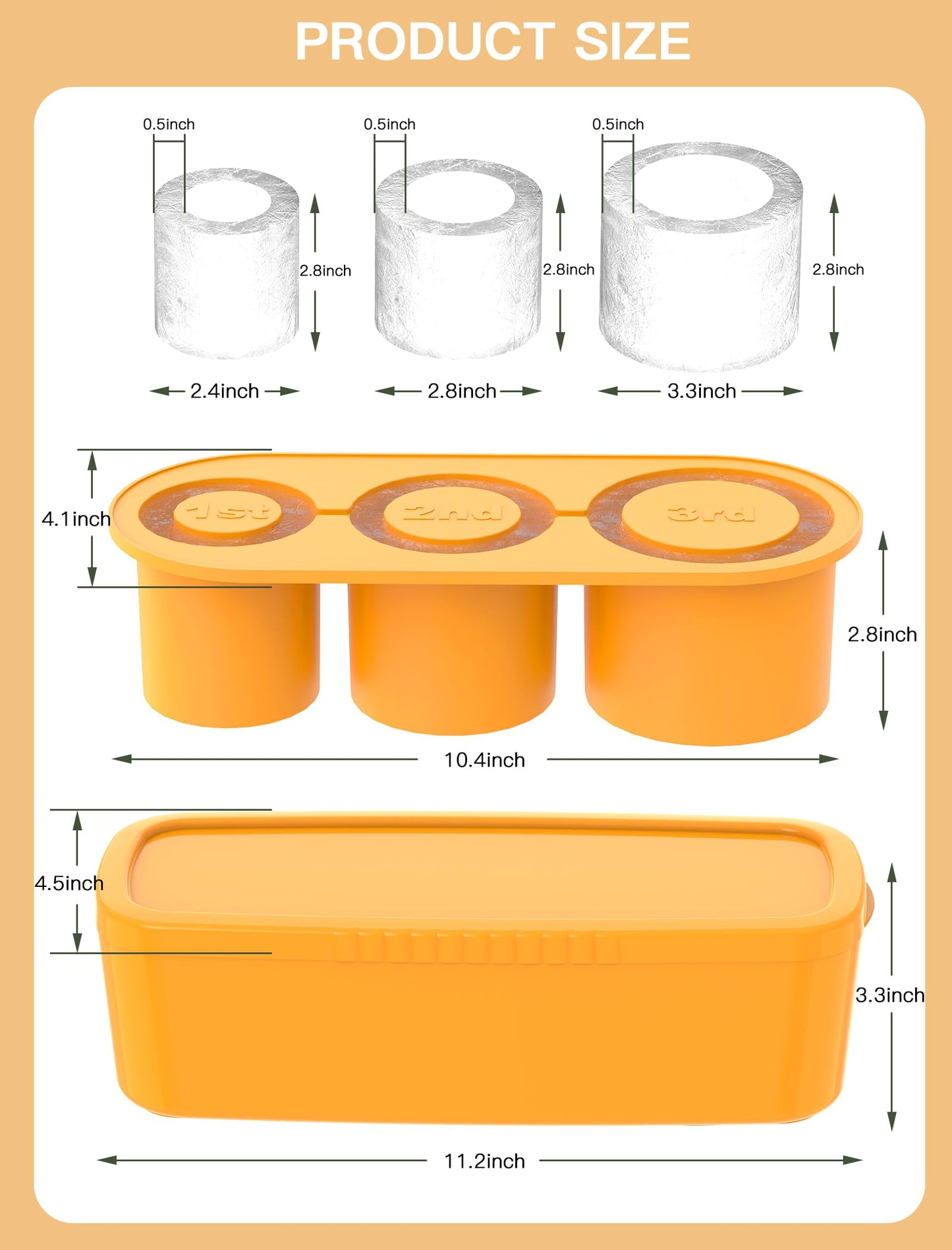 Ice Cube Tray for 30Oz-40Oz Tumbler, 3 Pcs Silicone Hollow Cylinder Ice Mold with Lid and Bin for Freezer, Ice Drink, Juice, Whiskey, Cocktail (Yellow, 40 Oz)