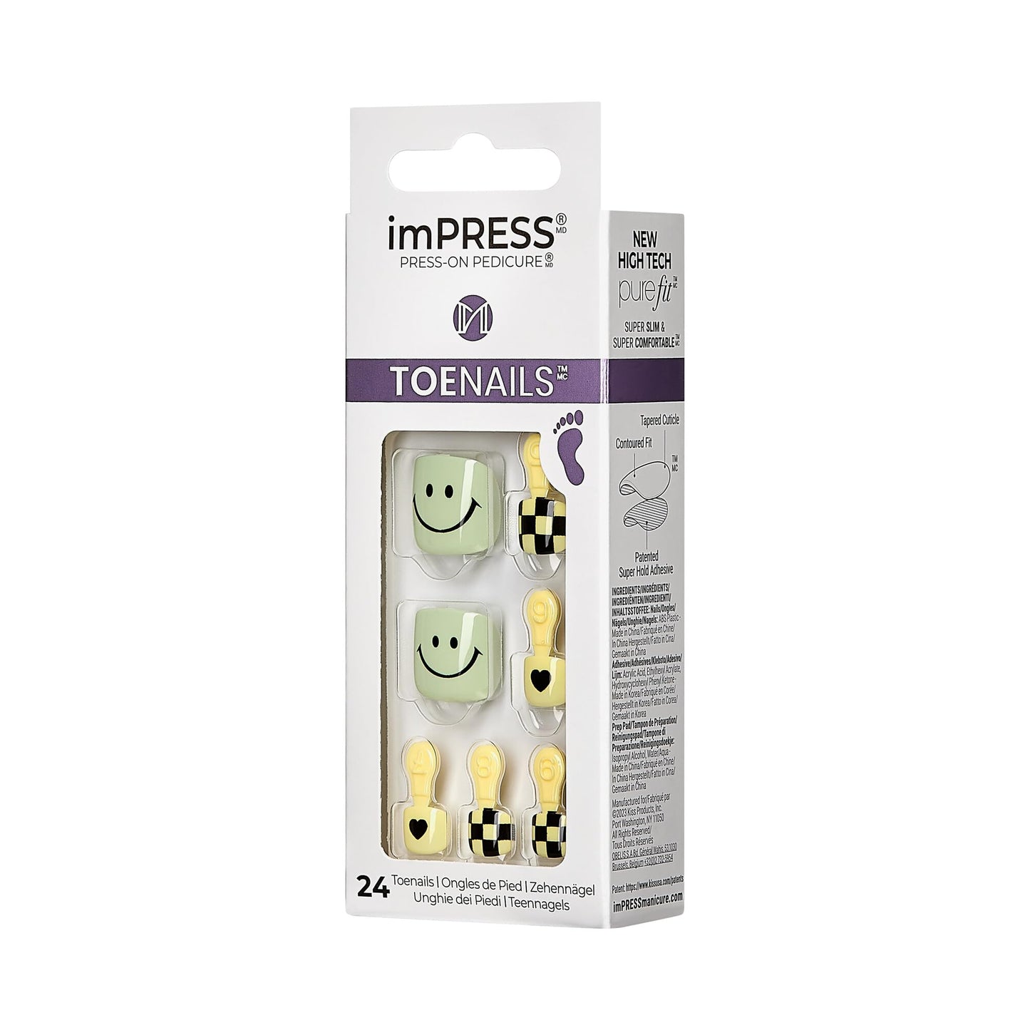 KISS imPRESS No Glue Pedi Press-On Toenails, Green, Smile Face, Yellow Chess, Squoval Shape, Includes 24 Nails, Prep Pad, 1 Manicure Stick, 1 Mini File