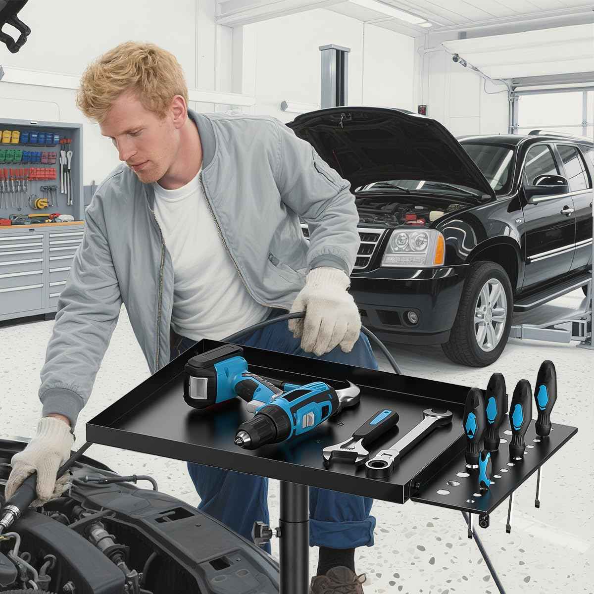 Salon Tray Cart Premium Metal Tattoo Tray, Storage Utility Cart with Tool Rack, Rolling Tray Trolley Adjustable Height, Tool Tray Cart for SPA Clinic Repair Shop