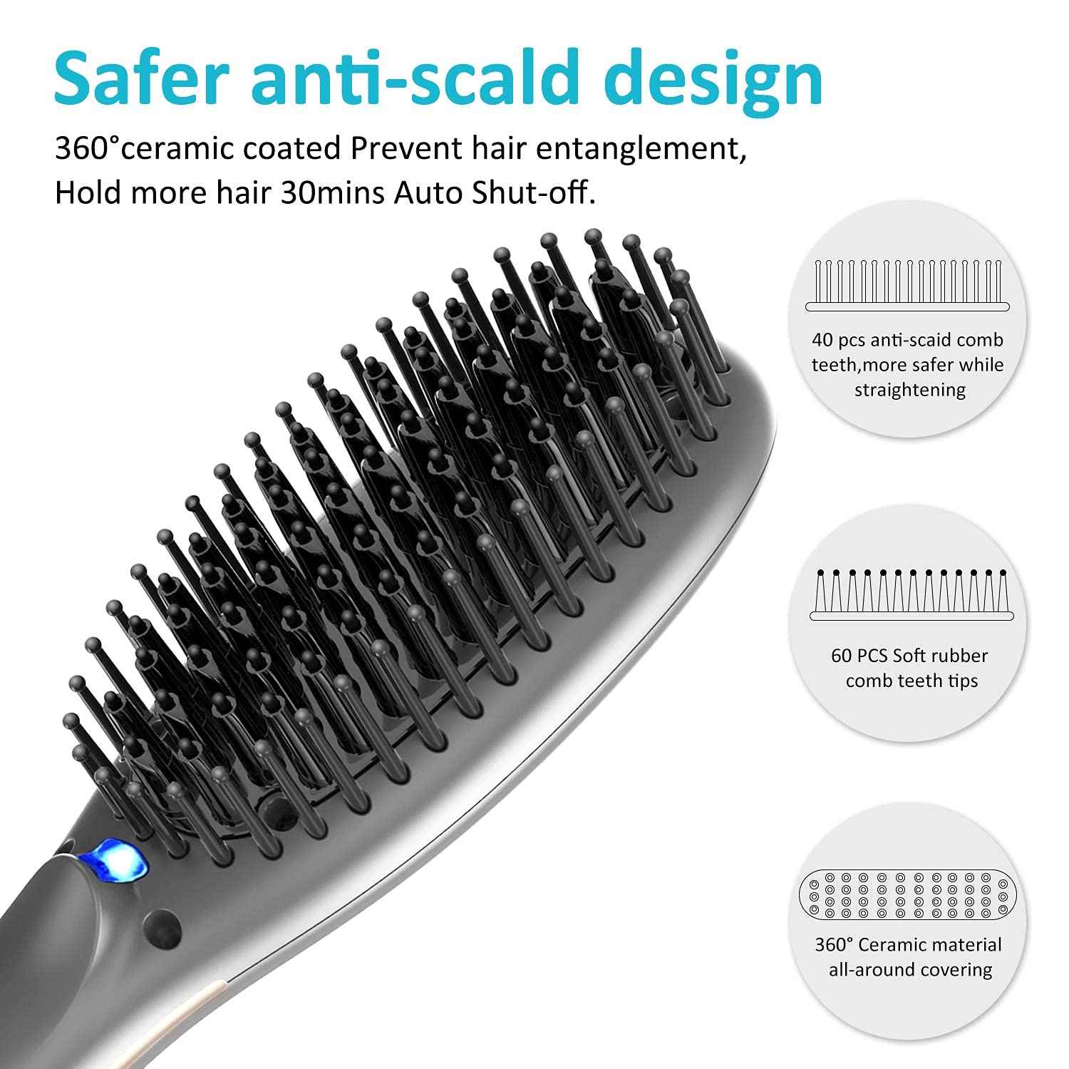 FENNYCARE Ionic Hair Straightener Brush, Enhanced Ionic Straightening Brush with 8 Heat Levels for Silky Hair, Fast Heating Portable Straightener Brush, Anti-Scald & Auto-Off &Safe and Easy to Use