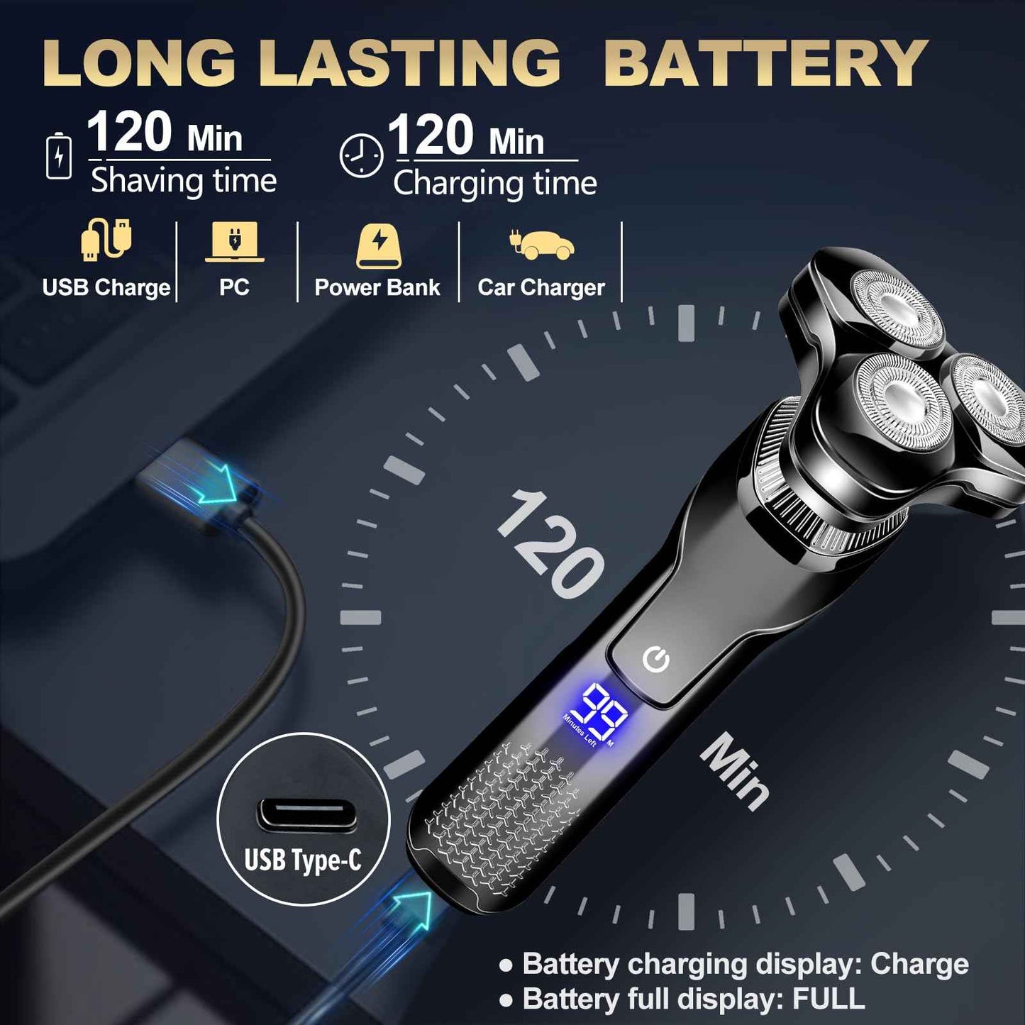 Electric Razor for Men,Upgrade Men’s Electric Shavers Rotary LED Display/Waterproof/Rechargeable, Shaver for Men Cordless Floating Head Replaceable Blades