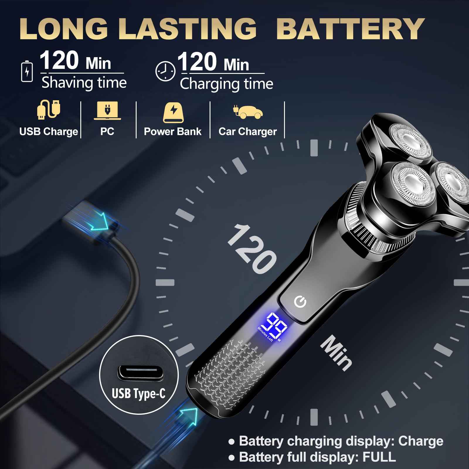 Electric Razor for Men,Upgrade Men’s Electric Shavers Rotary LED Display/Waterproof/Rechargeable, Shaver for Men Cordless Floating Head Replaceable Blades