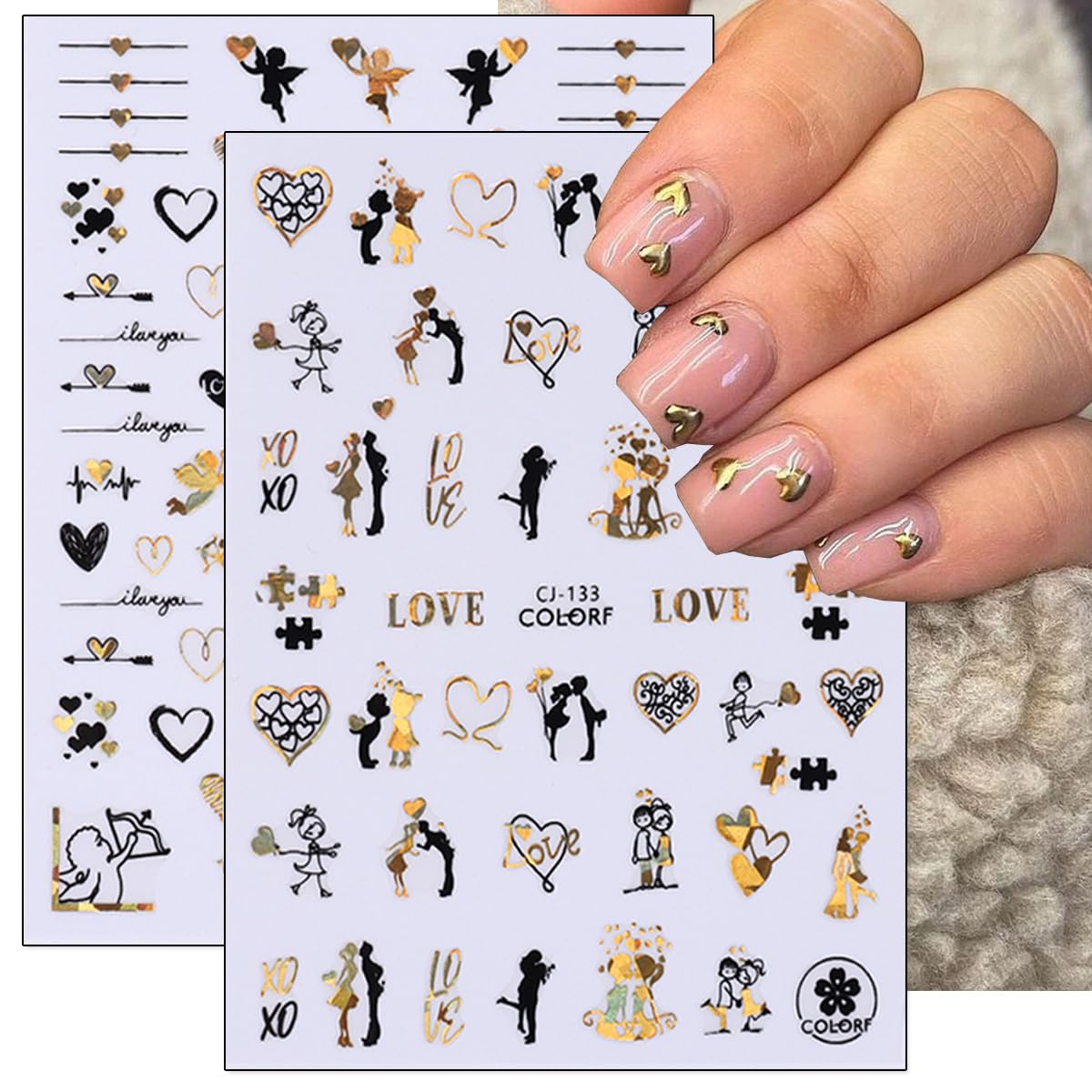 8 Sheets Valentines Day Nail Stickers Self-Adhesive Metallic Valentines Nail Art Decals Rose Love Angel Heart Sexy Lips Nail Stickers Design Valentines Supplies Nail Decorations for Women Girls