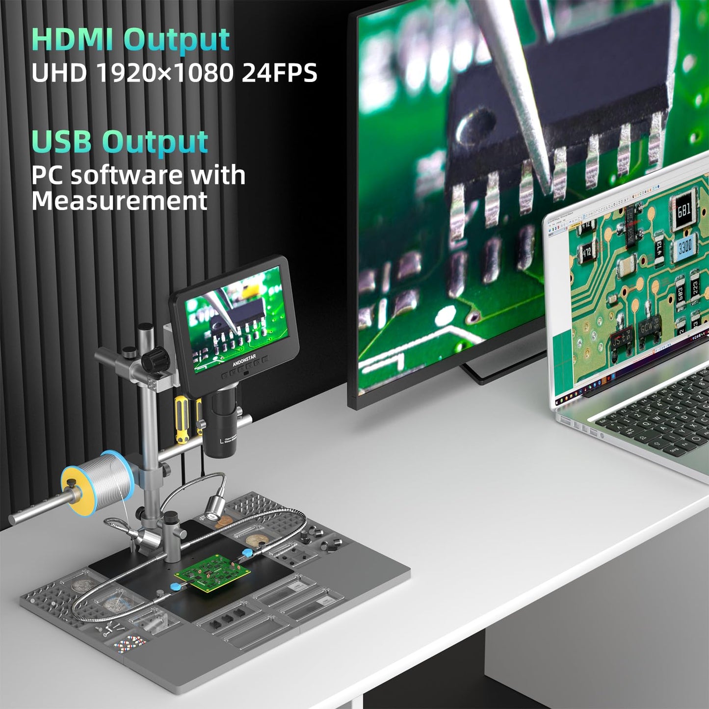 Andonstar 7'' HDMI Digital Microscope, 2040x UHD Video Record, Soldering Station with 3 Lenses, Helping Hands, 32GB Card, LED Light