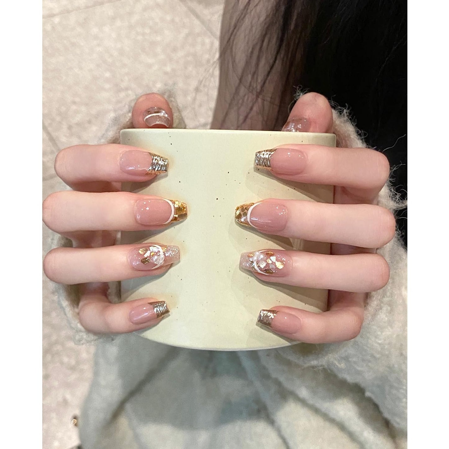 Press On Nails, Wedding False Nails,Reusable Nail Stickers, Artificial Glossy Fake Nails, Press on Fake Nails for Women/Girls (Medium, Brilliant Golden Light)