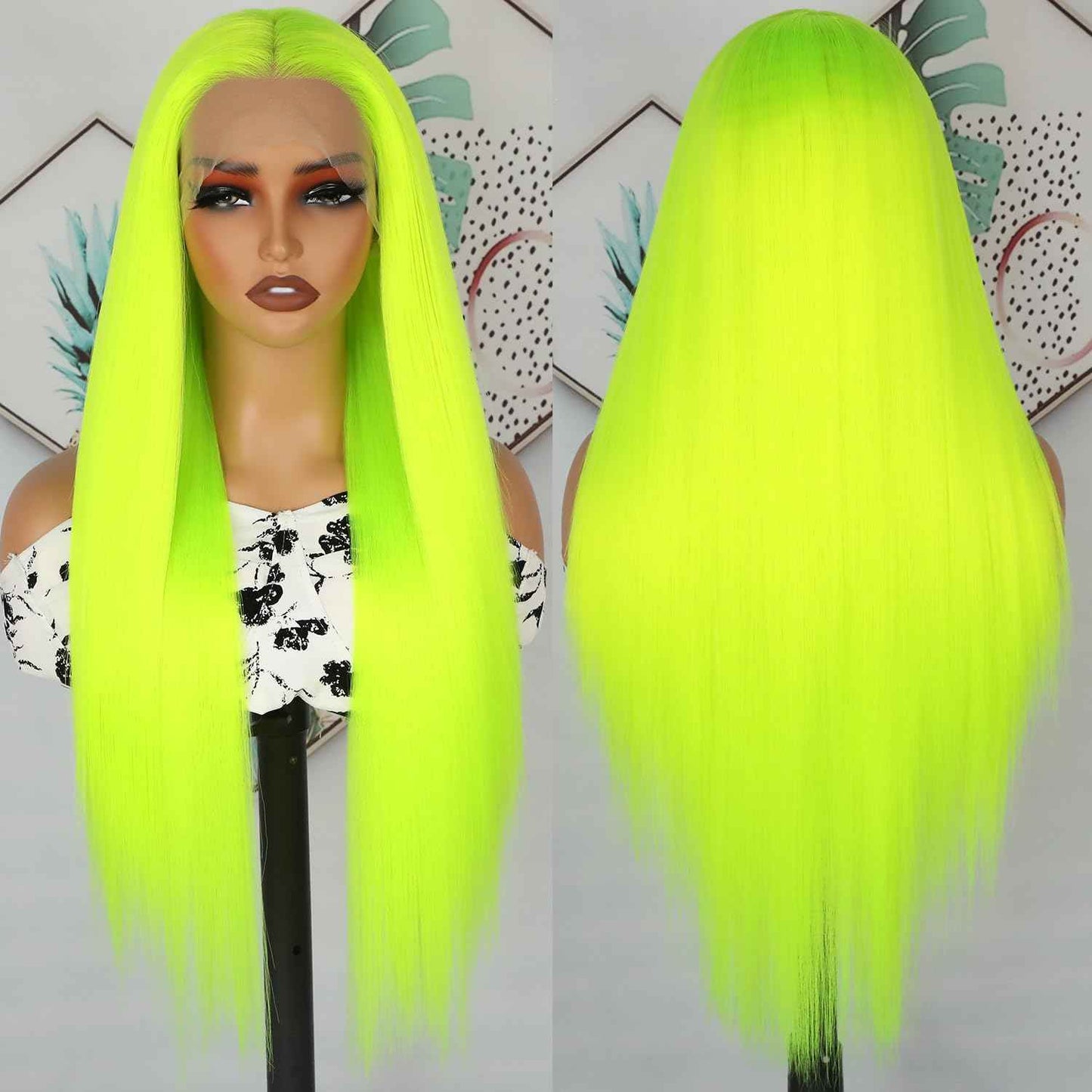 Lezaxiu Fluorescent Green Lace Front Wig Long Straight Hair Neon Green Wig Heat Resistant Fiber Hair Synthetic Lace Front Wigs for Fashion Women 24 Inch