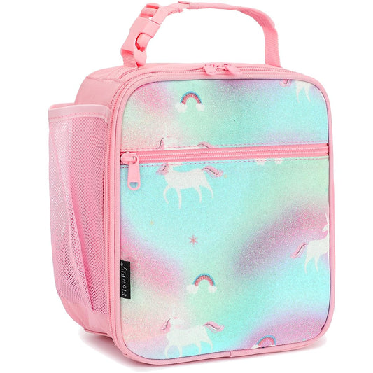 FlowFly Kids Lunch box Insulated Soft Bag Mini Cooler Back to School Thermal Meal Tote Kit for Girls, Boys, Glitter-Unicorn