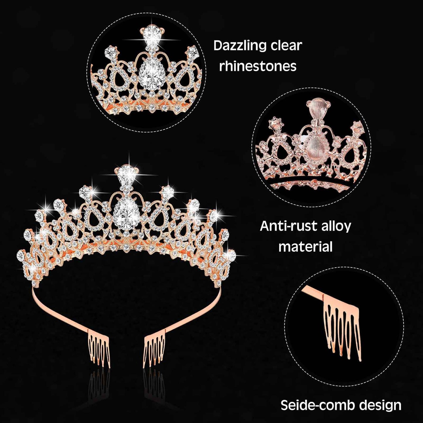 Zeyune 9 Pcs Tiaras and Crowns for Women Bulk Crystal Princess Tiara Rhinestone Brides Crown with Combs for Wedding Birthday Quinceanera Pageant Prom Hair Accessories(Rose Gold)