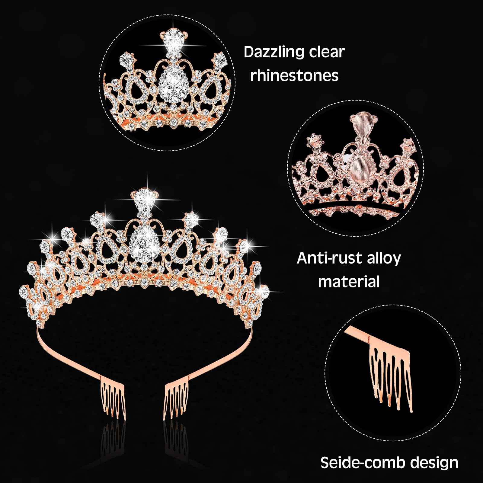 Zeyune 9 Pcs Tiaras and Crowns for Women Bulk Crystal Princess Tiara Rhinestone Brides Crown with Combs for Wedding Birthday Quinceanera Pageant Prom Hair Accessories(Rose Gold)