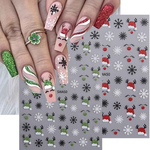 Christmas Nail Stickers, Winter Nail Decals 3D Self-Adhesive Red Green Snowflake Bell Xmas Tree Reindeer Winter Nail Design Holiday Nail Art Decoration for Women Girls(6Sheets)