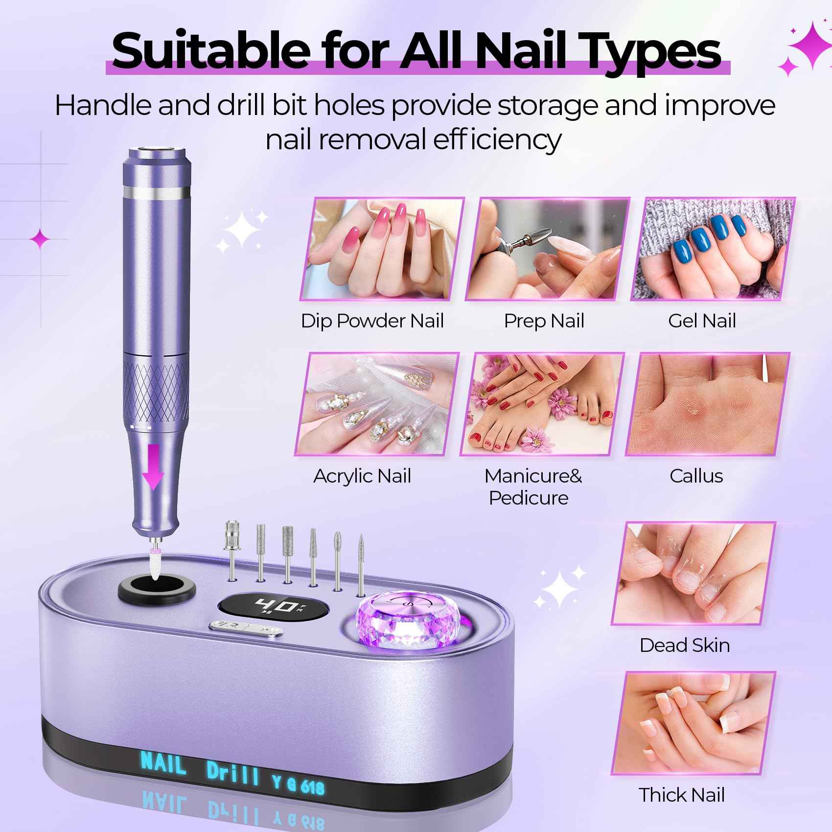JOSGLOI Electric Nail Drill Professional: 40000RPM Electric Nail File Kit E File Nail Drill Machine with LCD Display for Acrylic Gel Nail, Manicure Pedicure Polishing Nail Grinder for Salon Home Use
