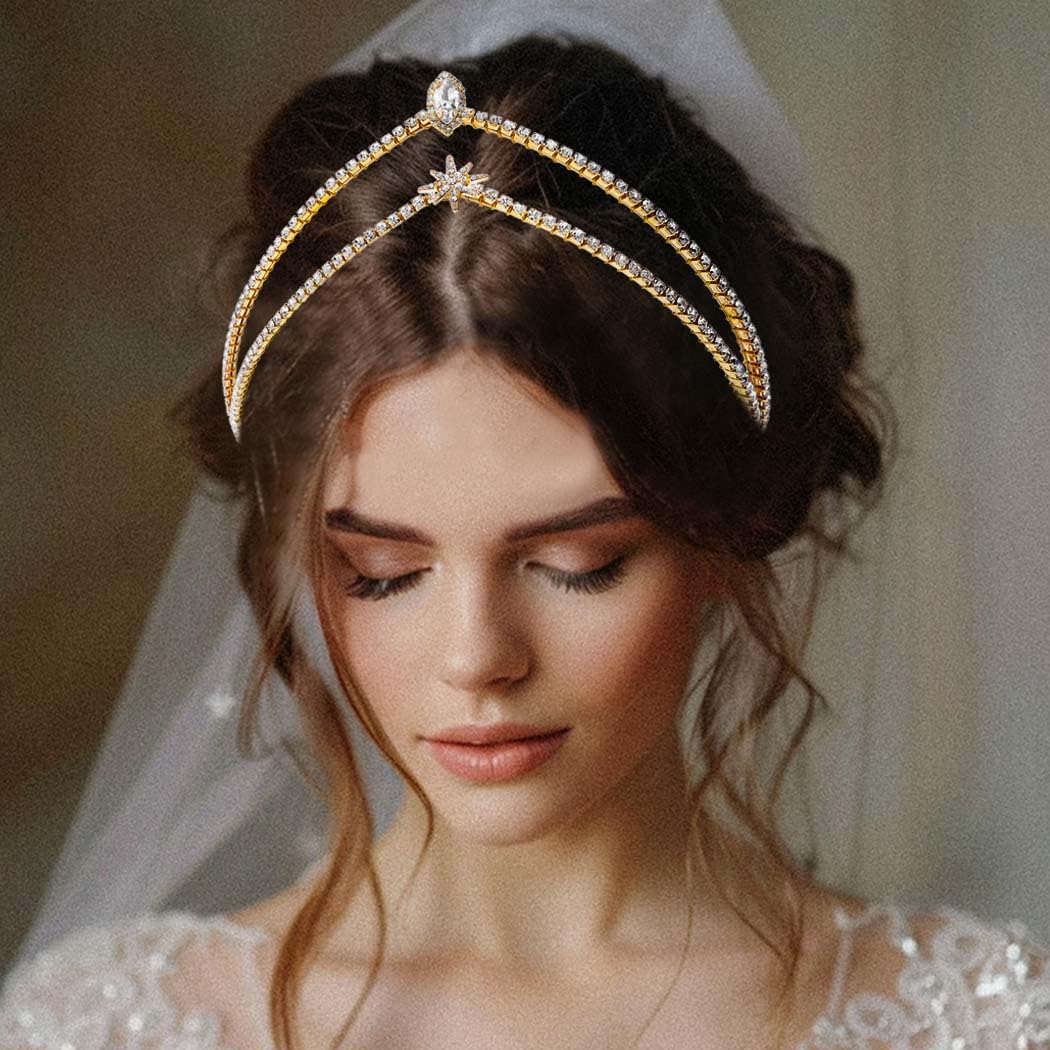 GORTIN Rhinestone Wedding Crown Gold Star Headband Crystal Tiara Headpiece Princess Bridal Hair Accessories for Women (Gold)