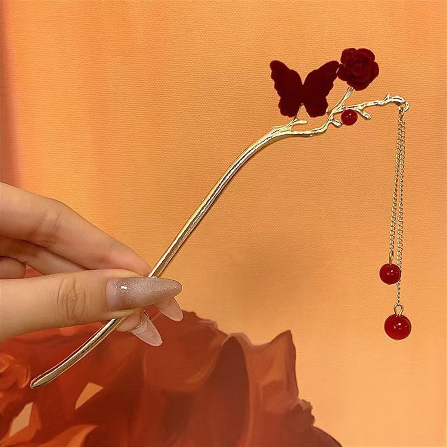 2 Pieces Metal Hairpin Rose Flower Hair Chopsticks Butterfly Hair Stick Handmade Classic Hair Pins for Women Girls-040