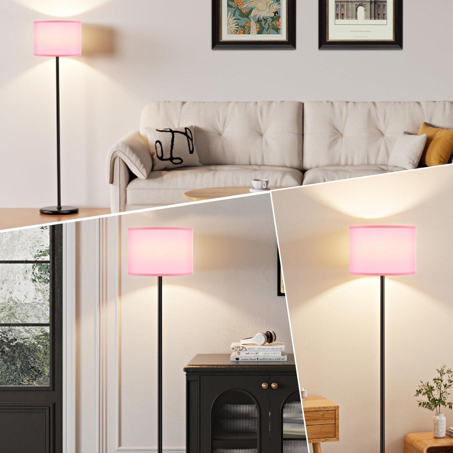 Ambimall 60'' Modern Floor Lamp with Shade, Tall Lamps for Living Room, Bedroom, Office, Dining Room, Pink Shade with Black Pole(Without Bulb)