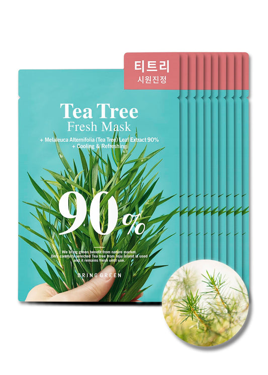 BRING GREEN TEA TREE 90% Fresh Sheet Masks (10 Count) | Daily Skincare Routine, Facial Mask Sheet for Calming, Moisturizing, Soothing, for Sensitive & Irritated skin