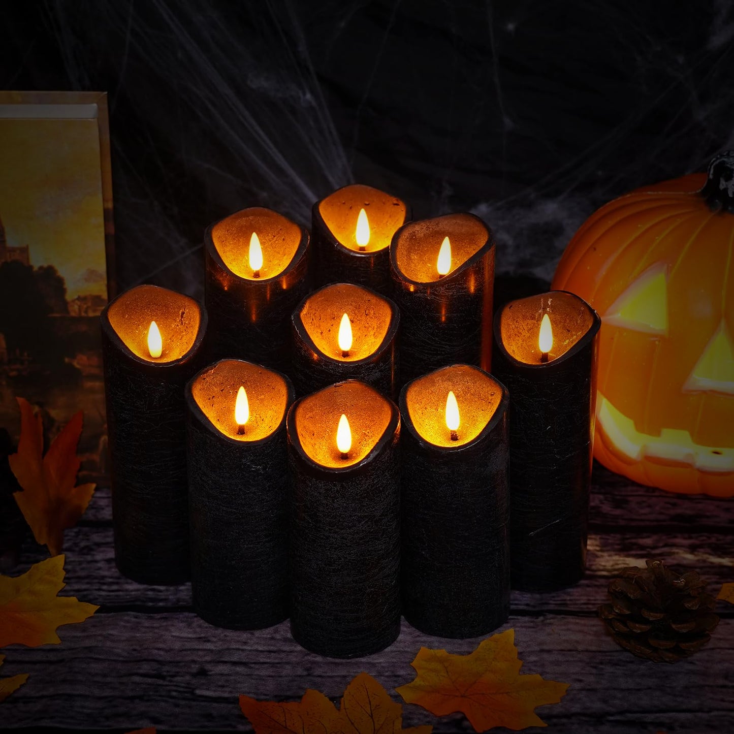 Eebuss Black Set of 9 Flameless Candle Real Wax Halloween Candles Battery Operated LED Pillar with Remote Control Timer Ideal for Home Decor（D 2"*H 5" 5" 5" 6" 6" 6" 7" 7" 7"）