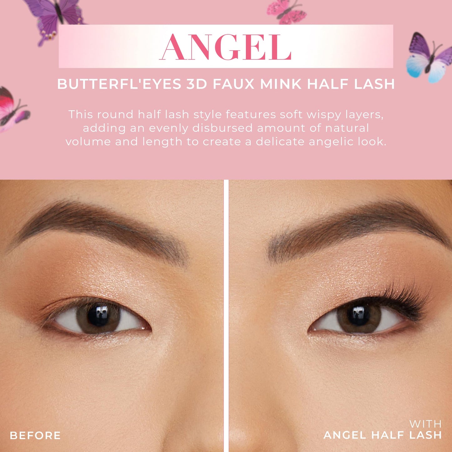 Lilly Lashes Butterfl'eyes Faux Mink Lashes, Half Lashes Natural Look, False Eyelashes, Reusable Eyelashes 20x, No Trimming + Easy to Apply, Round Style, Lash Glue not Included, 13mm (Angel)