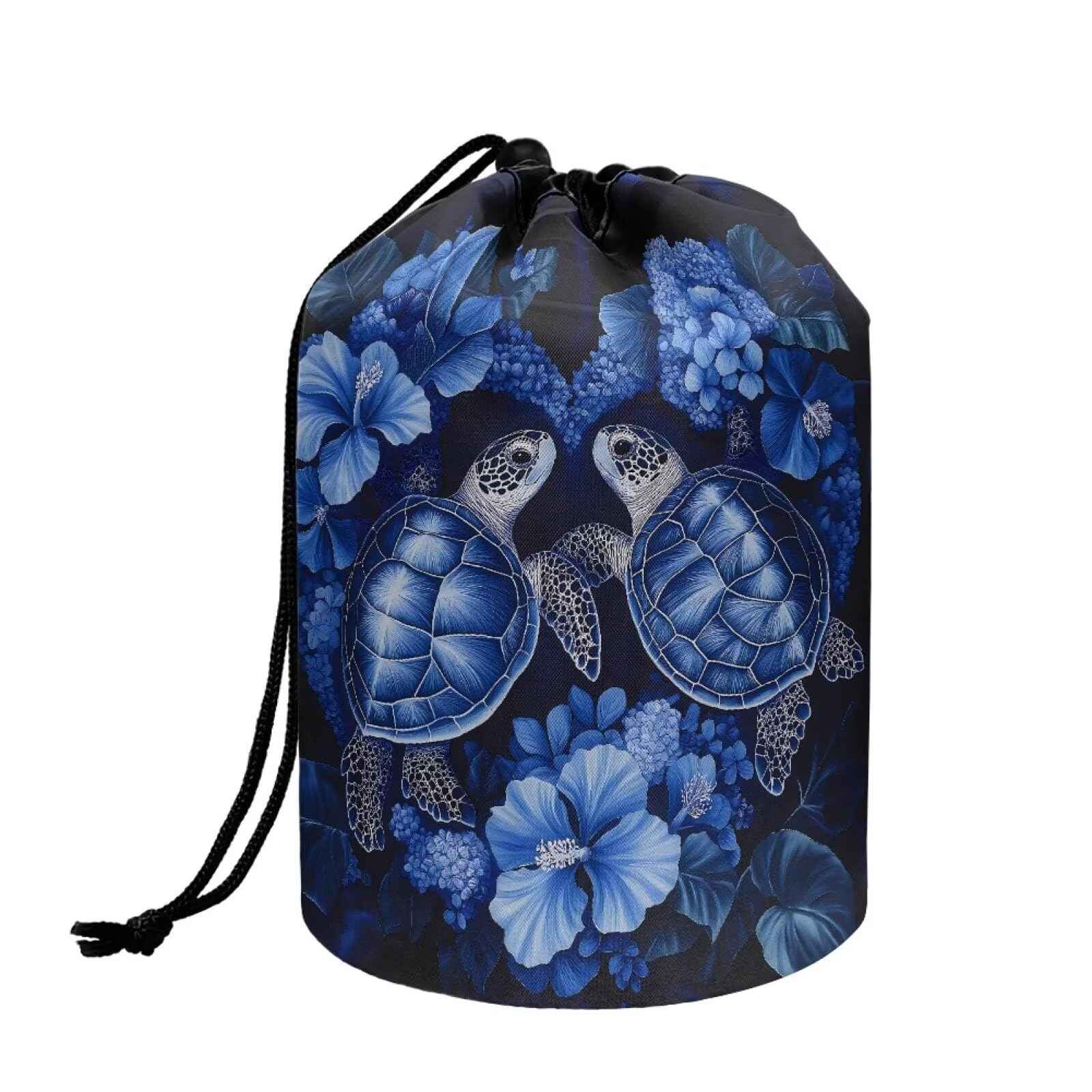 Poceacles Sea Turtle Flower Blue Makeup Bag for Women, Foldable Portable Storage Bag Drawstring Cosmetic Bags Barrel Toiletry Case Organizer Travel Accessories Bag