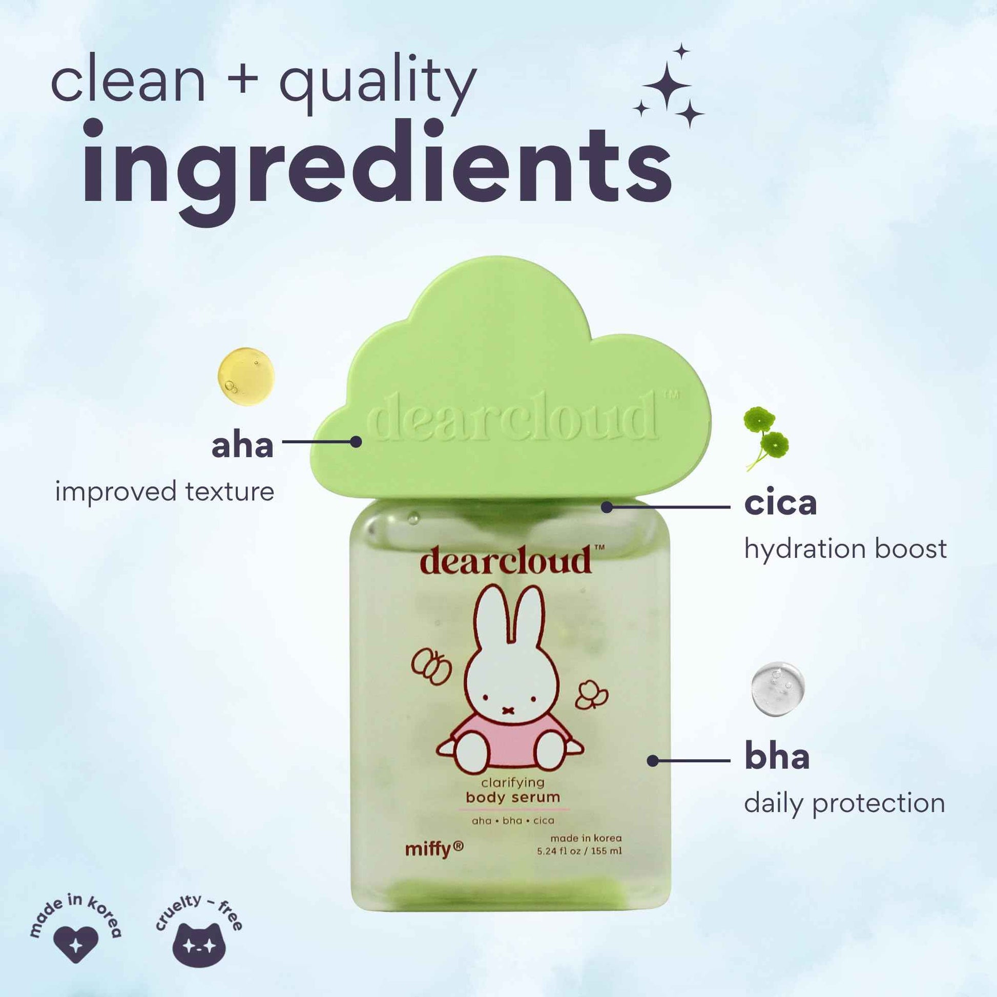 Miffy Clarifying Body Serum – Ultra Hydrating Serum with AHA/BHA/Cica – Korean Skin Care Body Serum for Smooth, Clear Skin (5.24 fl oz)