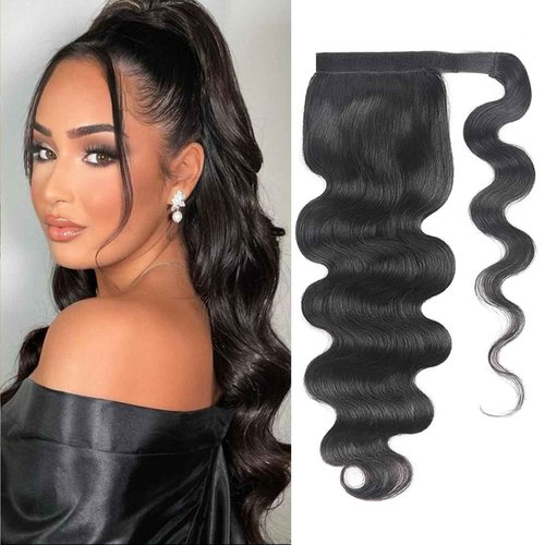 Humistwbiu Human Hair Body Wave Ponytail with Magic Paste Warp Around 100% Brazilian Virgin Human Hair Ponytail for Black Women Natural Color 16 Inch