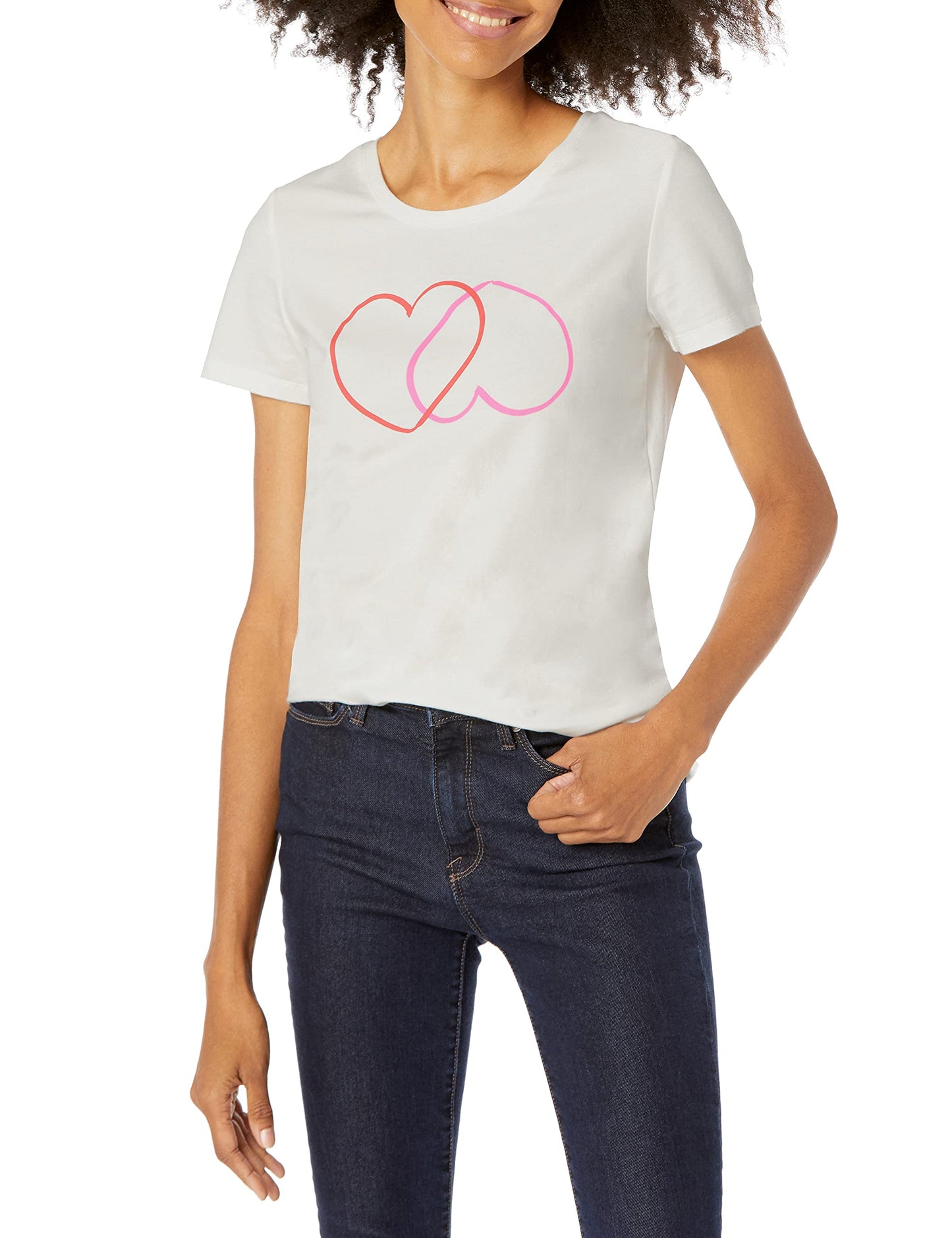 Amazon Essentials Women's Classic-Fit Short-Sleeve Crewneck T-Shirt, Pack of 2, Pink/White Hearts, Small