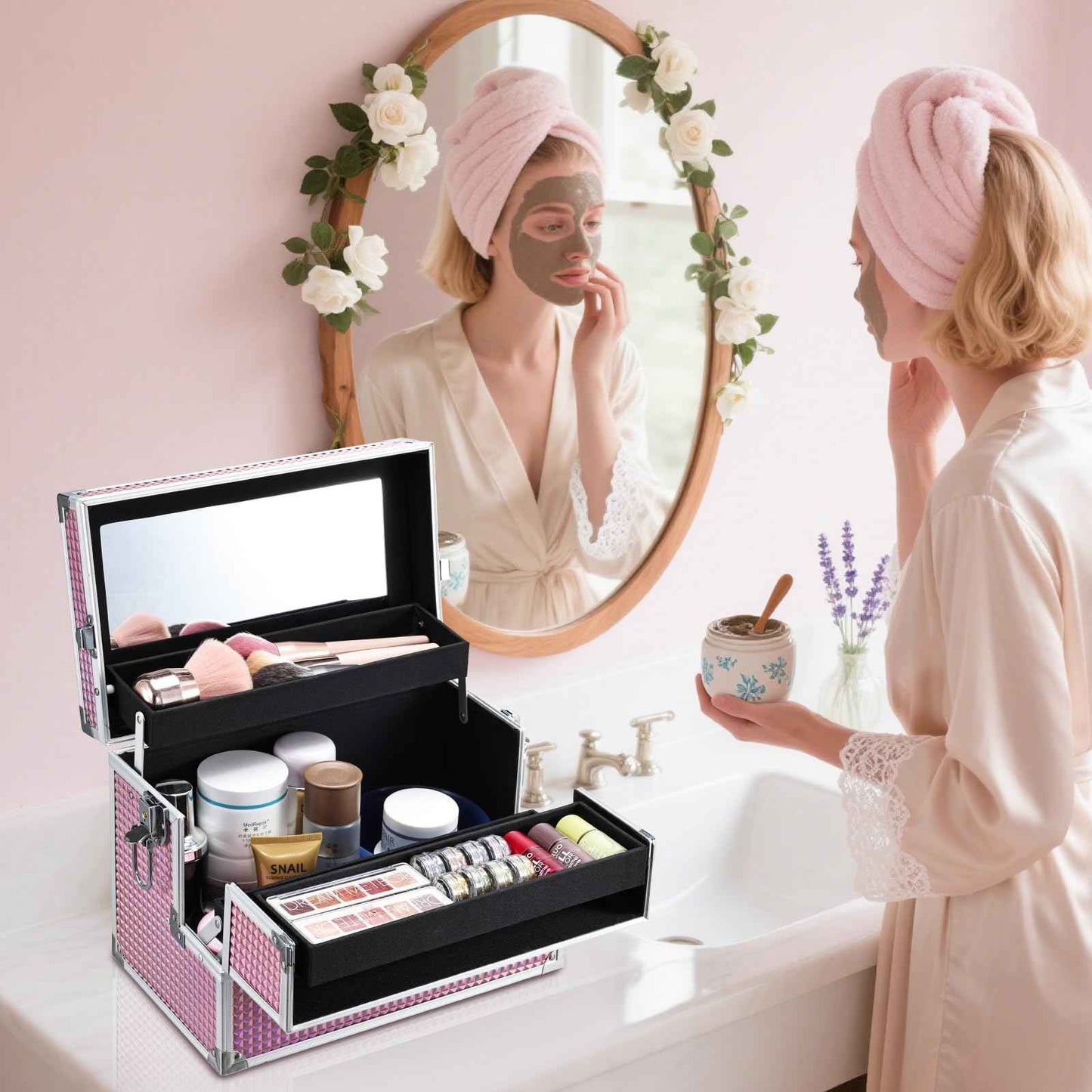 Joligrace Large Makeup Box Organizer, 12 Inch Makeup Train Case with Mirror, Cosmetic Travel Case with 3 Trays, Lockable Train Case for Makeup Artists & Nail Tech Supplies Pink