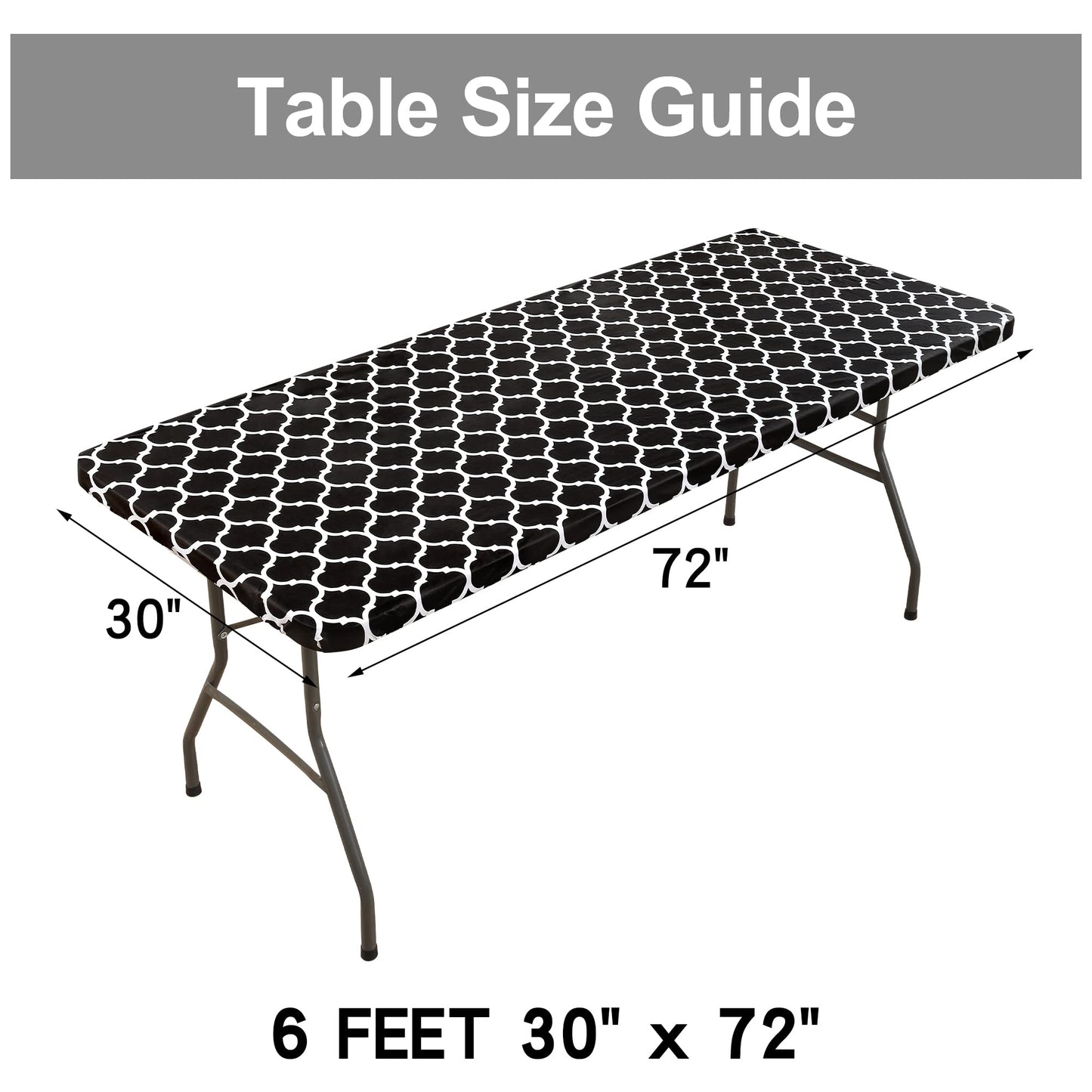 smiry Rectangle Picnic Tablecloth, Waterproof Elastic Fitted Table Covers for 6 Foot Tables, Wipeable Flannel Backed Vinyl Tablecloths for Camping, Indoor, Outdoor (Black Morocco, 30x72 Inches)