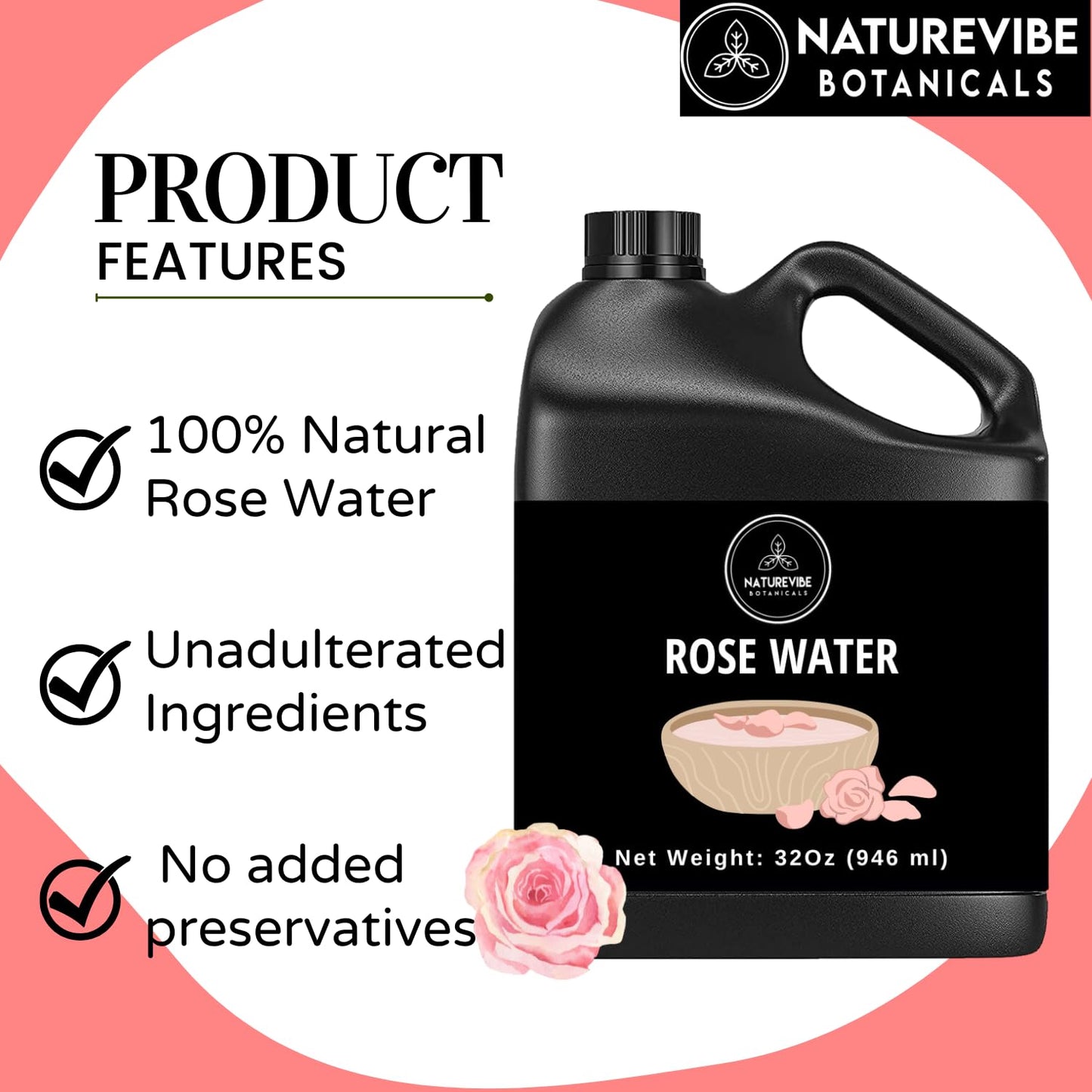 Naturevibe Botanicals Rose Water 32 Ounces | 100% Pure and Natural | Great for Skin Care and Hair Care