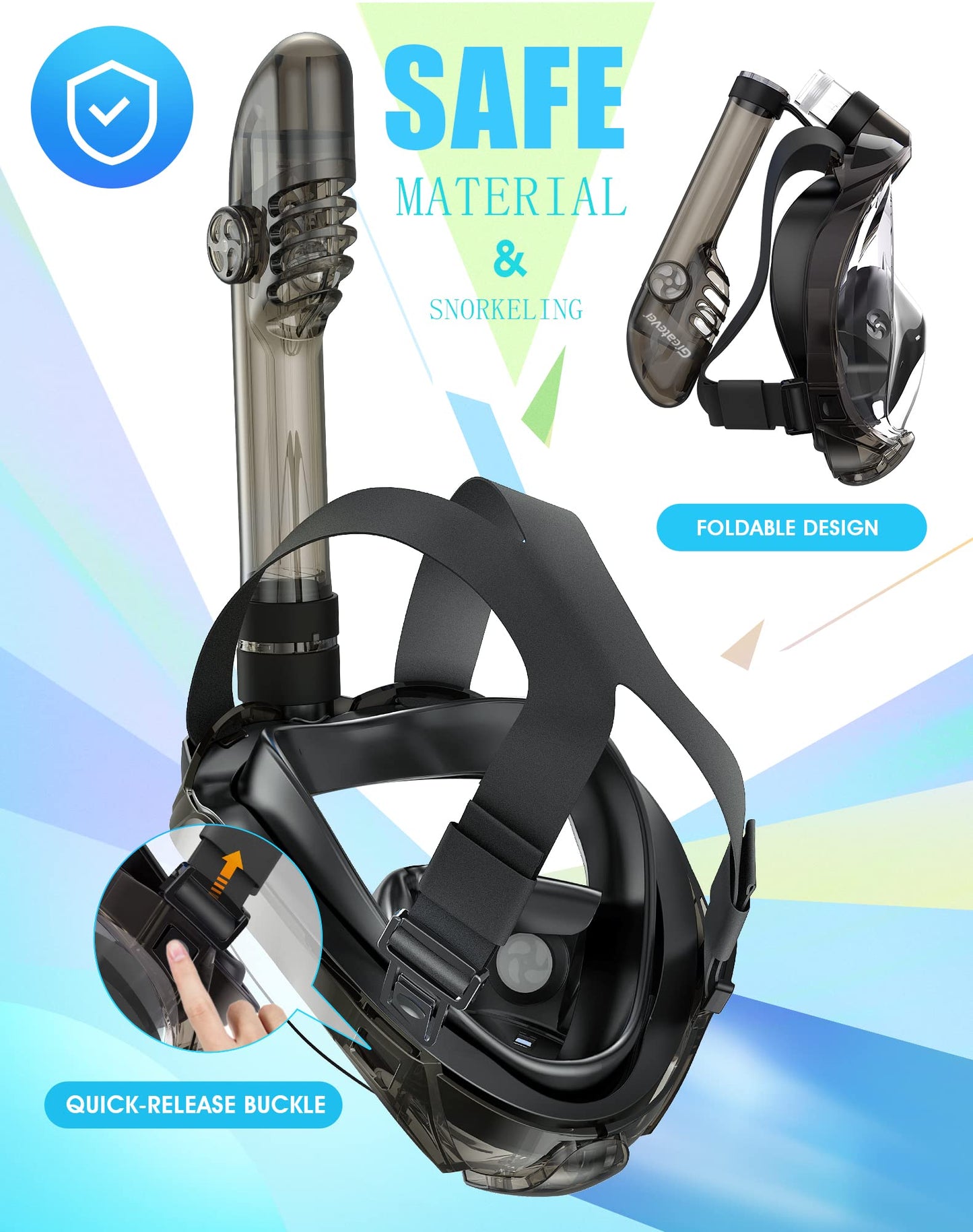 Greatever G2 Full Face Snorkel Mask with Latest Dry Top System,Foldable 180 Degree Panoramic View Snorkeling Mask with Camera Mount,Safe Breathing,Anti-Leak&Anti-Fog