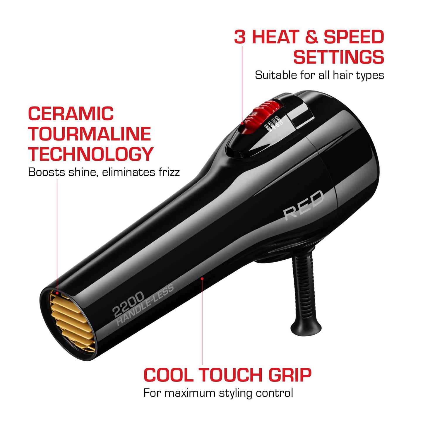 RED by Kiss Handle-Less 2200W Ceramic Tourmaline Hair Dryer, 3 Heat Settings, Pro Blow Dryer with Comb Attachment, Ionic for Frizz-Free Shine, Detangler & Straightening for 4C