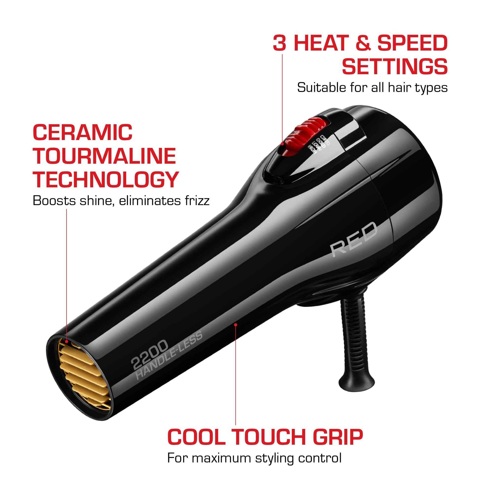 RED by Kiss Handle-Less 2200W Ceramic Tourmaline Hair Dryer, 3 Heat Settings, Pro Blow Dryer with Comb Attachment, Ionic for Frizz-Free Shine, Detangler & Straightening for 4C