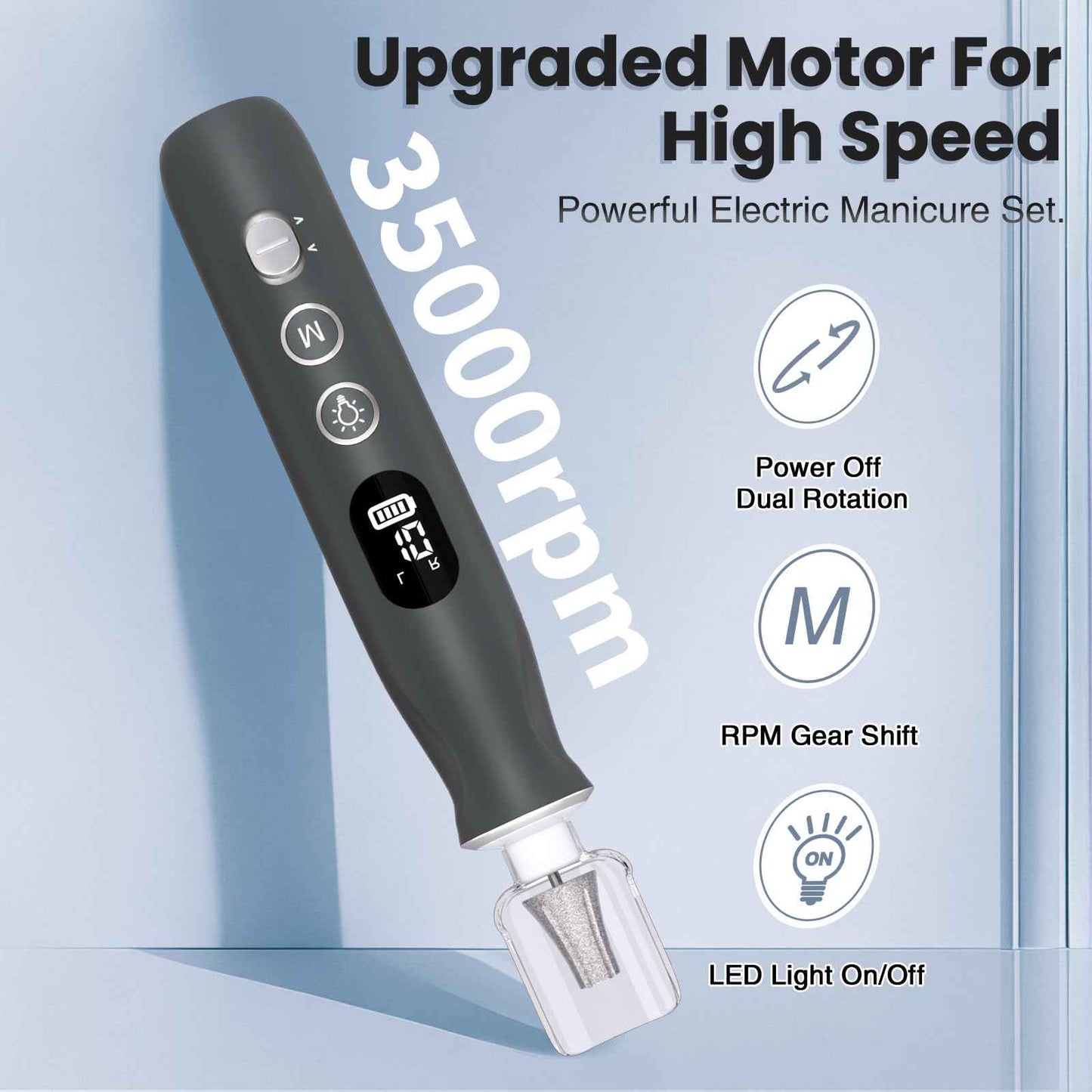 Electric Nail Drill, Cordless 2000 mAh Rechargeable Portable Nail File 12 in 1 Kit for Thick Toenails, 10 Speeds Nail Dril Machine Professional Manicure Pedicure for Hand Natural Nails Care (Grey)