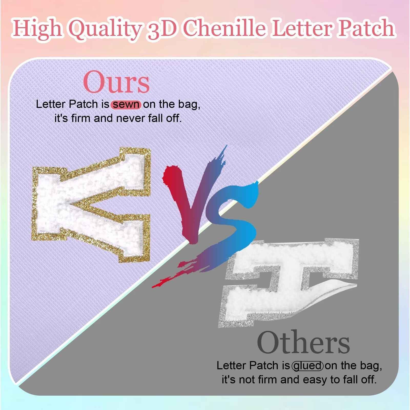 Small Personalized Letter Makeup Bag, Cute PU Leather Chenille Letters Cosmetic Bag Travel Makeup Pouch, Preppy Travel Organizer Zipper Pouch for Women&Girls（Purple-B）