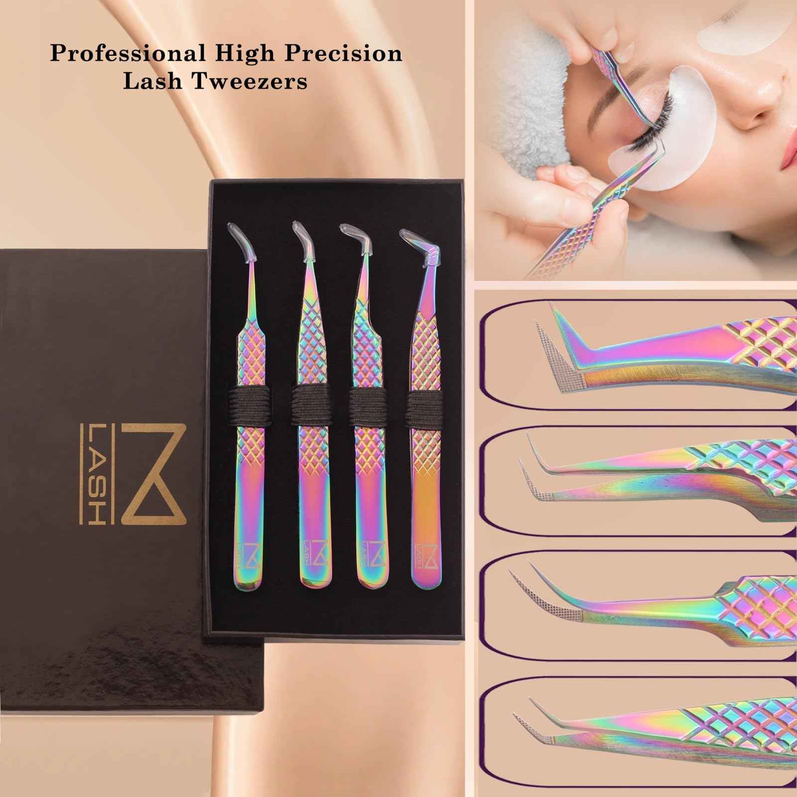 M LASH Eyelash Extension Tweezers (Set of 4) - Professional & Precision Lash Tweezers for Eyelash Extensions - Japanese Steel, Diamond Grip, Fiber Tip V5 (White)