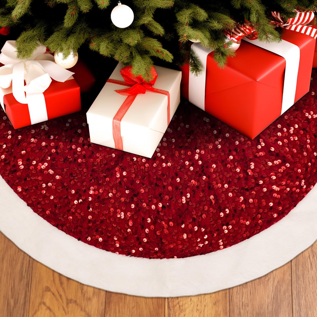 USILAND Christmas Tree Skirt, 24 Inches, Sparkling Red Sequin with White Faux Fur, for Xmas Holiday Home Decorations Christmas Decor (24 Inches)