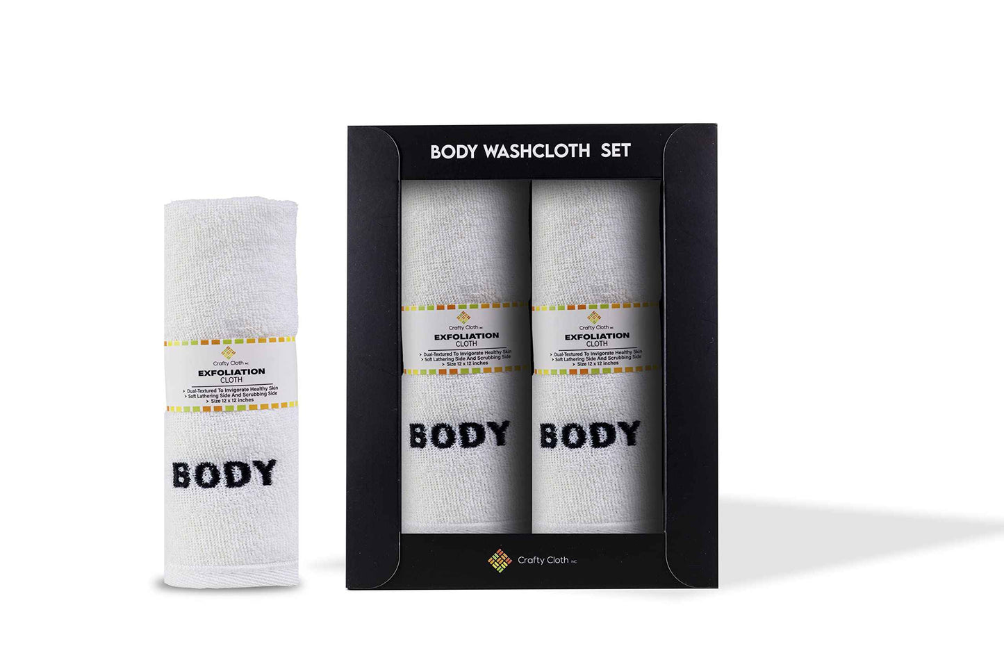 Crafty Cloth 4-Pack Spa Body Cloths | Dual-Sided for Luxurious Soft Lather or Deep Exfoliating Rigid Scrub | Embroidered for Personalized Skin Care (White, Embroidered 4-Piece Set)