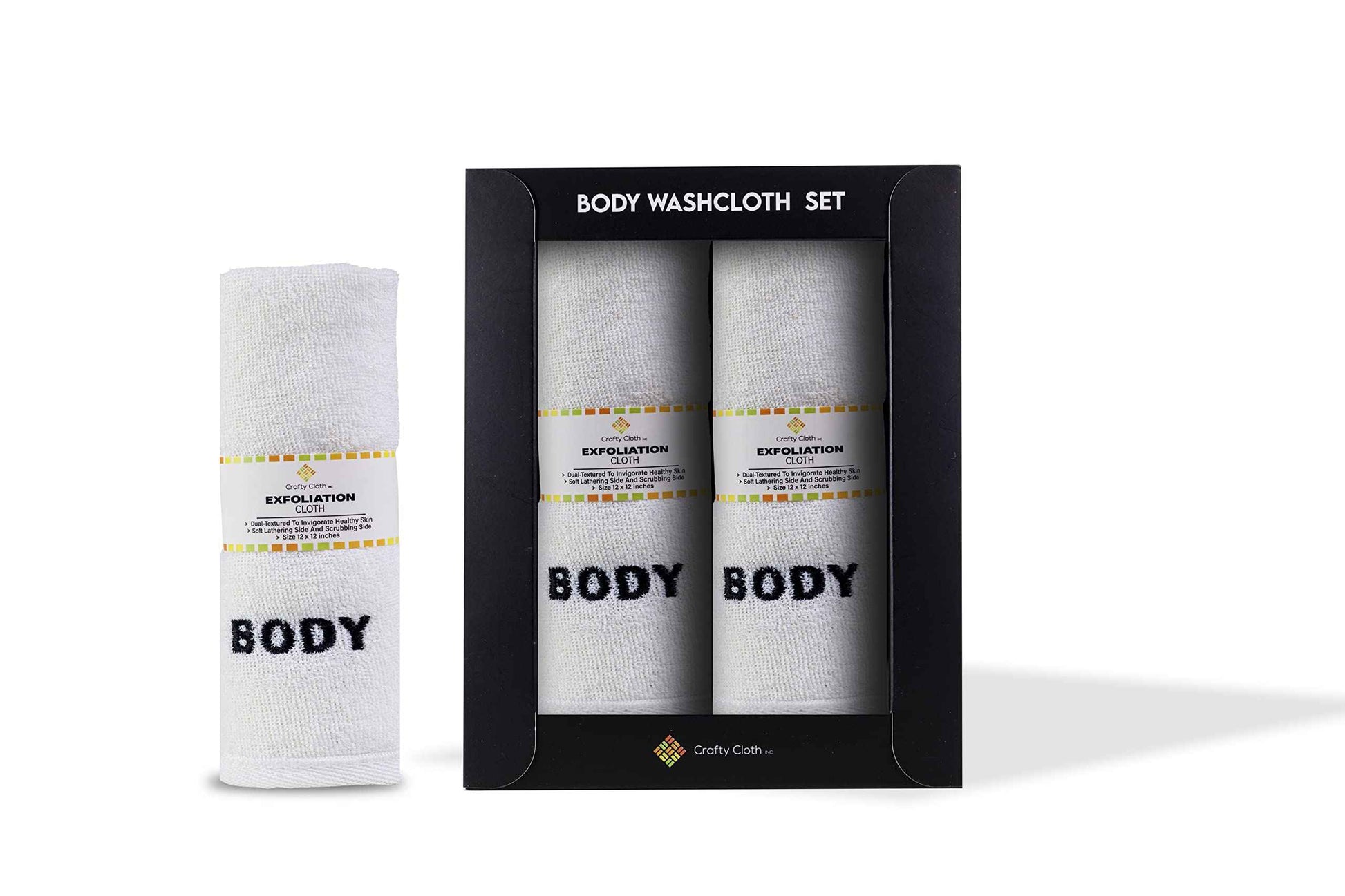 Crafty Cloth 4-Pack Spa Body Cloths | Dual-Sided for Luxurious Soft Lather or Deep Exfoliating Rigid Scrub | Embroidered for Personalized Skin Care (White, Embroidered 4-Piece Set)