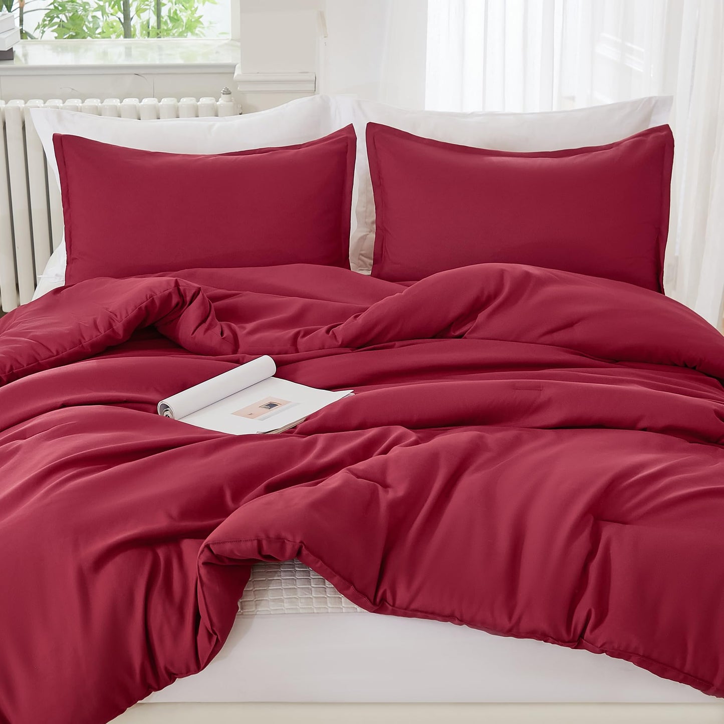 Litanika Burgundy Red Comforter Set Twin/Twin XL Size, 2 Pieces Lightweight Solid Bedding Comforter Set, All Season Fluffy Bed Set (66x90In Comforter & 1 Pillowcase)