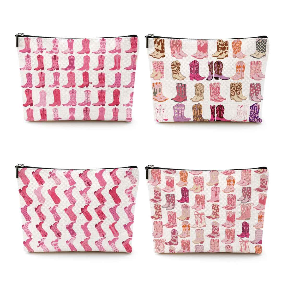 4pcs Pink Cowboy Boots Makeup Bag Hot Pink Cowgirls Cosmetic Bags Cowboy Boots for Women Makeup Bag, Cowgirls Gifts for Women Friends Sisters Birthday Gift, Toiletry Zipper Pouch
