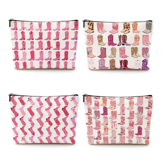 4pcs Pink Cowboy Boots Makeup Bag Hot Pink Cowgirls Cosmetic Bags Cowboy Boots for Women Makeup Bag, Cowgirls Gifts for Women Friends Sisters Birthday Gift, Toiletry Zipper Pouch