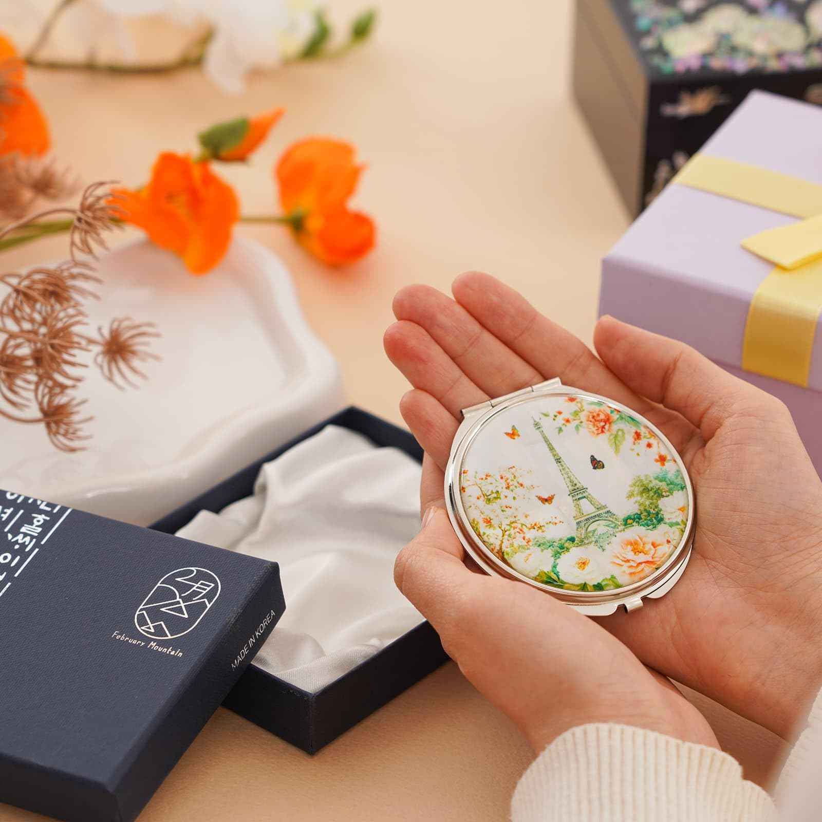 February Mountain Mother of Pearl Compact Mirror – Dual Magnification Gift for Women, Mom, Sister – Birthday or Christmas Idea (1, Paris in Bloom)