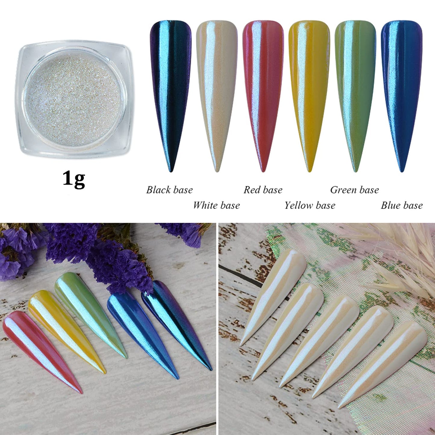 Mermaid Chrome Nail Powder, 2 Jars Neon Iridescent Chrome Powder Aurora Nail Powders Mermaid Pearl Magic Mirror Glitter Effect Pigment Powder Dust Manicure Tips with Sponge Applicators