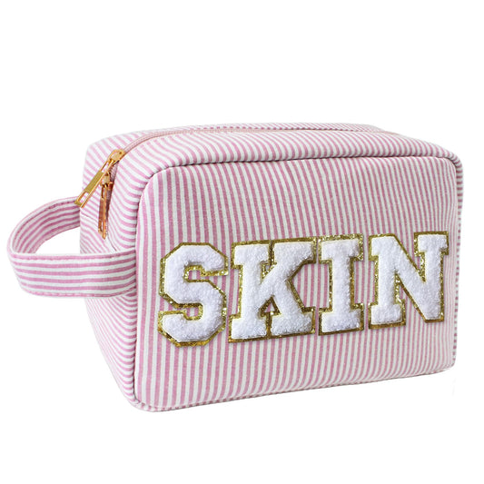 COSHAYSOO Preppy Makeup Bag with Chenille Letter Patch Large Pink Striped Seersucker Cosmetic Pouch for Teen Girl Women, Cute Travel Make Up Accessories Organizer Trendy Stuff Birthday Gift (SKIN)