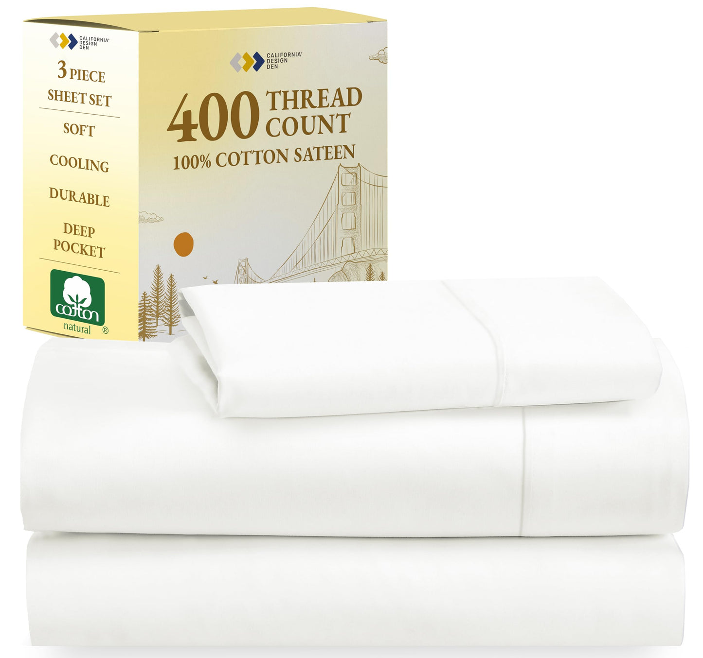 California Design Den Softest 100% Cotton Sheets, Twin Sheets Set, 400 Thread Count Sateen Bedding for Dorm Rooms & Adults, Deep Pocket Sheets, Cooling Sheets, Twin Bed Sheets (Ivory)