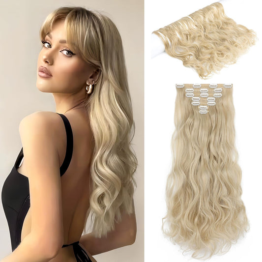 Cephermer Hair Extensions Wavy 7 PCS Clip in Hair Extensions 24" Long and Thick 170g Synthetic Hairpieces Double Weft Natural Soft Hair for Women Light Blonde Mix Bleach Blonde