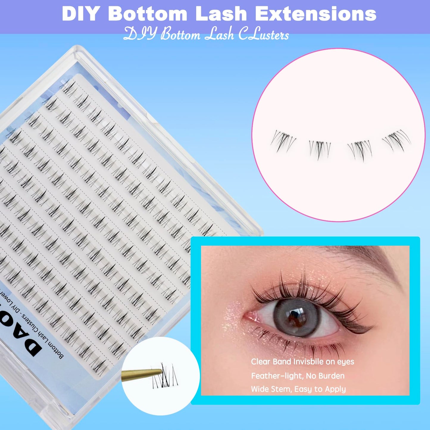 DAODER Lash Clusters Bottom Lash Extension Natural Look 96pcs Lower Eyelash Extension with Clear Band Soft Light Under Eye Individua Lashes Pack for DIY At Home(Bottom Lashes Kitten)