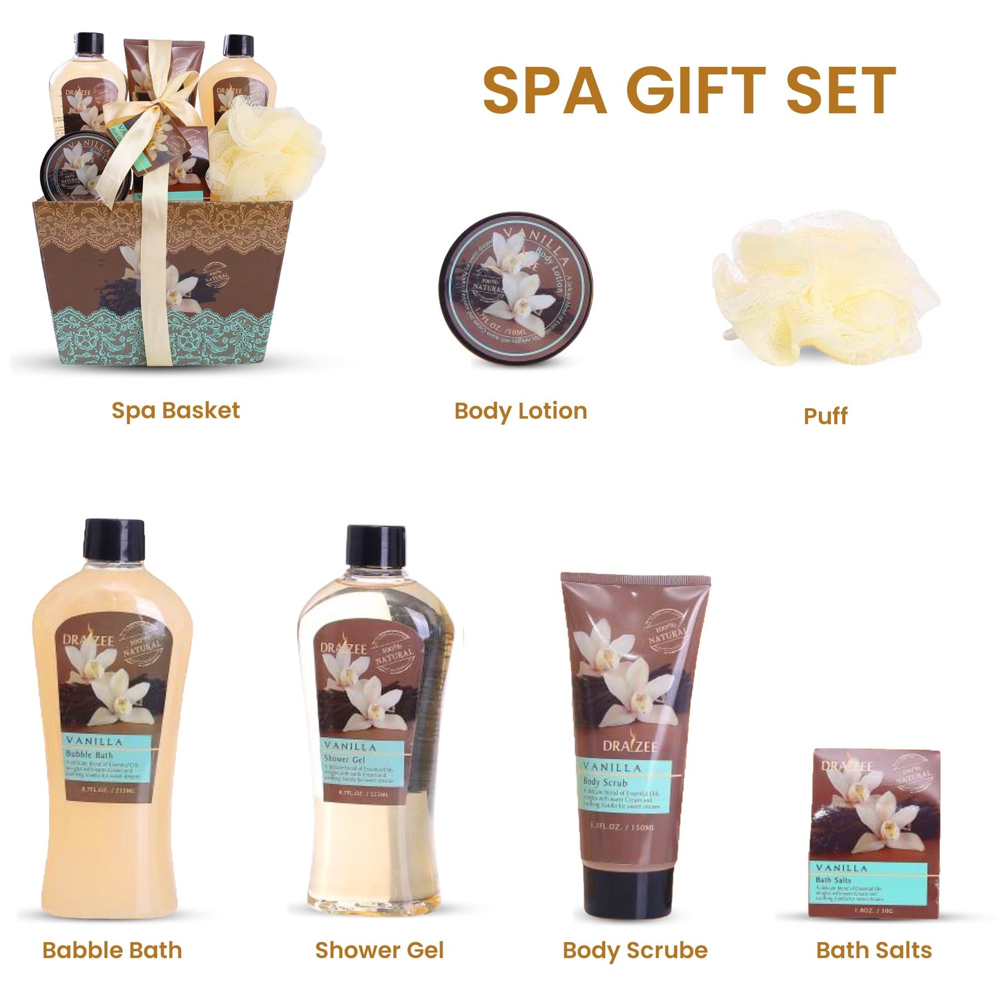 Spa Gift for Women - 6 Pcs Refreshing Vanilla Spa Gift Baskets for Women Bath and Body Set for Women w/ Shower Gel, Body Lotion, Scrub - Birthday, Self Care Gifts for Women by Draizee