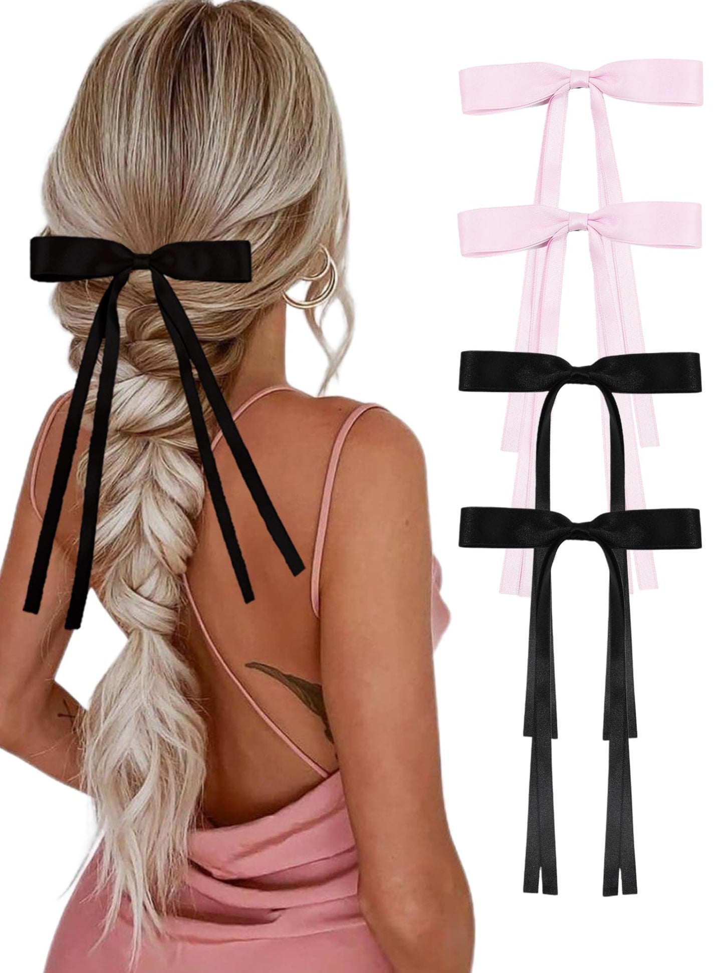 juyght 4 PCS Ribbon Hair Clips Bowknot With Long Tail,Bow Hair Clips,Tassel Bowknot Hair Clips with Long Tail,Hair Clips for girls with Bowknot Clips,Women Ribbon for Hair Barrettes Bow clips.