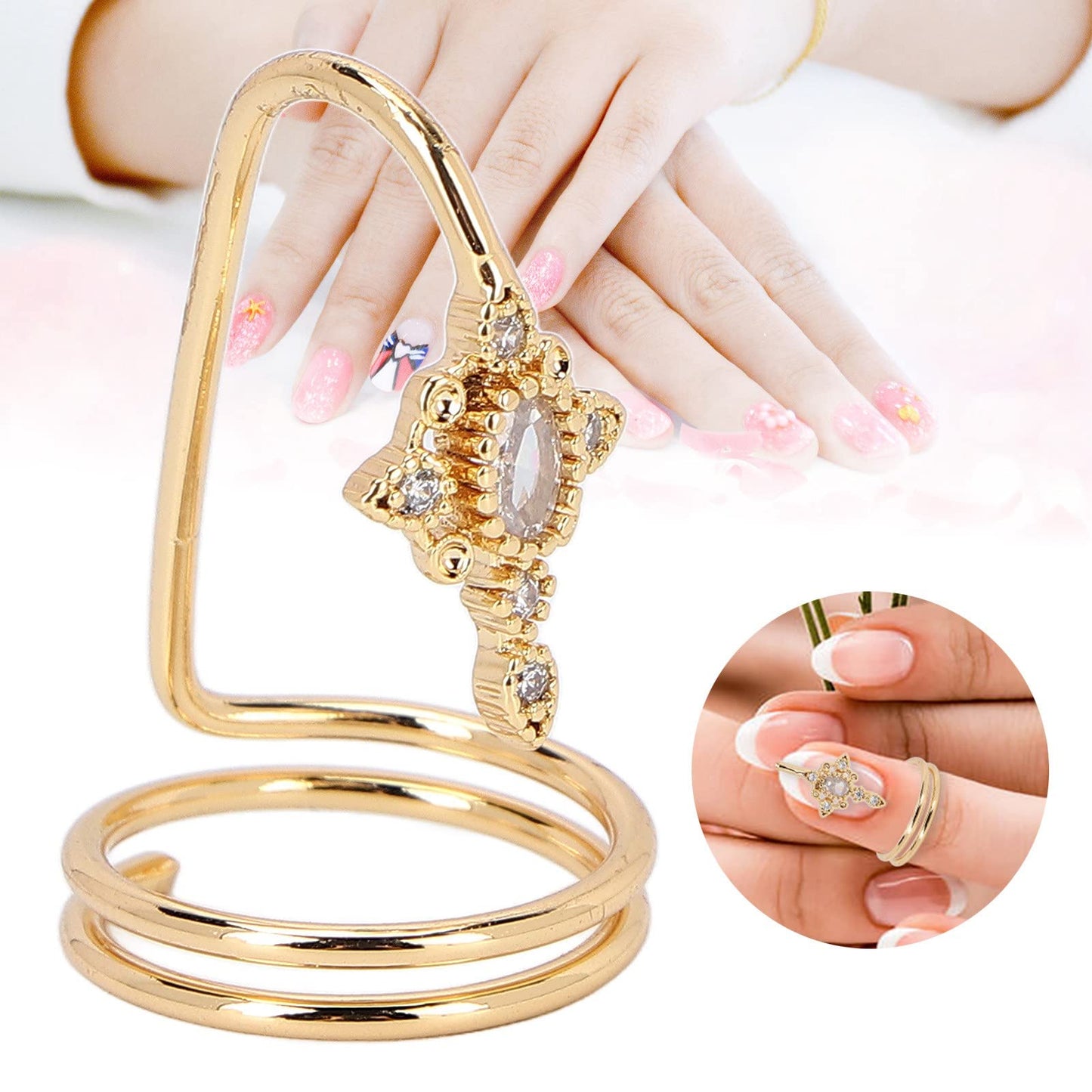 Rhinestone Finger Tip Nail Ring Women Finger Nail Ring Stylish Adjustable Opening Nail Art Charms Accessories for Fingernail Protect(Gold)